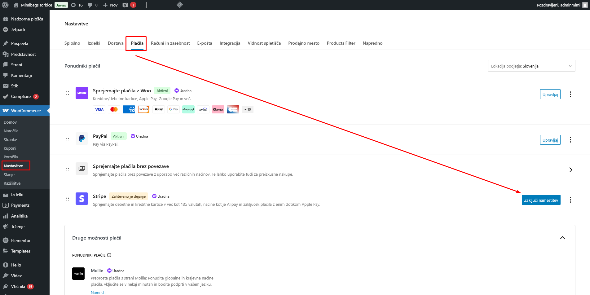 Navodila za nastavitev Stripe plačilnega sistema v WooCommerce spletni trgovini - korak za korakom s poudarjenimi kritičnimi nastavitvami