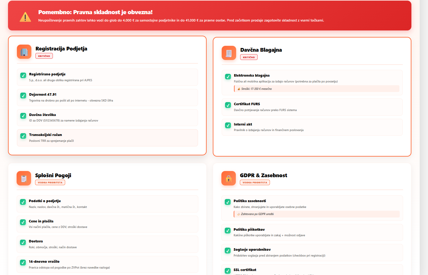Pravni checklist za spletno trgovino v Sloveniji - registracija podjetja, davčna blagajna, splošni pogoji, GDPR in zasebnost