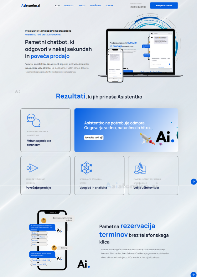 Asistentko-spletna-stran-homepage1 Asistentko spletna stran s chatbotom, rezultati uporabe in rezervacijski sistem