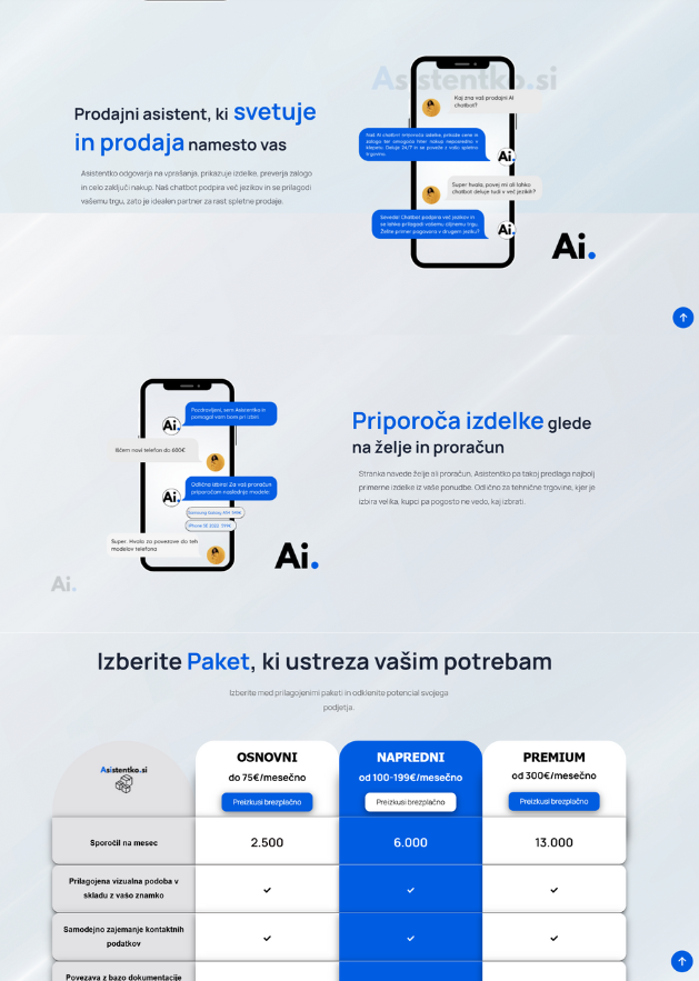 Asistentko-spletna-stran-homepage2 Asistentko spletna stran s prodajnim AI chatbotom in cenovnimi paketi