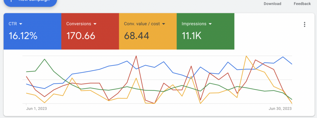 Google Ads dashboard pregled uspešnosti kampanje - CTR 16.12%, 170.66 konverzij, conversion value 68.44, 11.1K prikazov