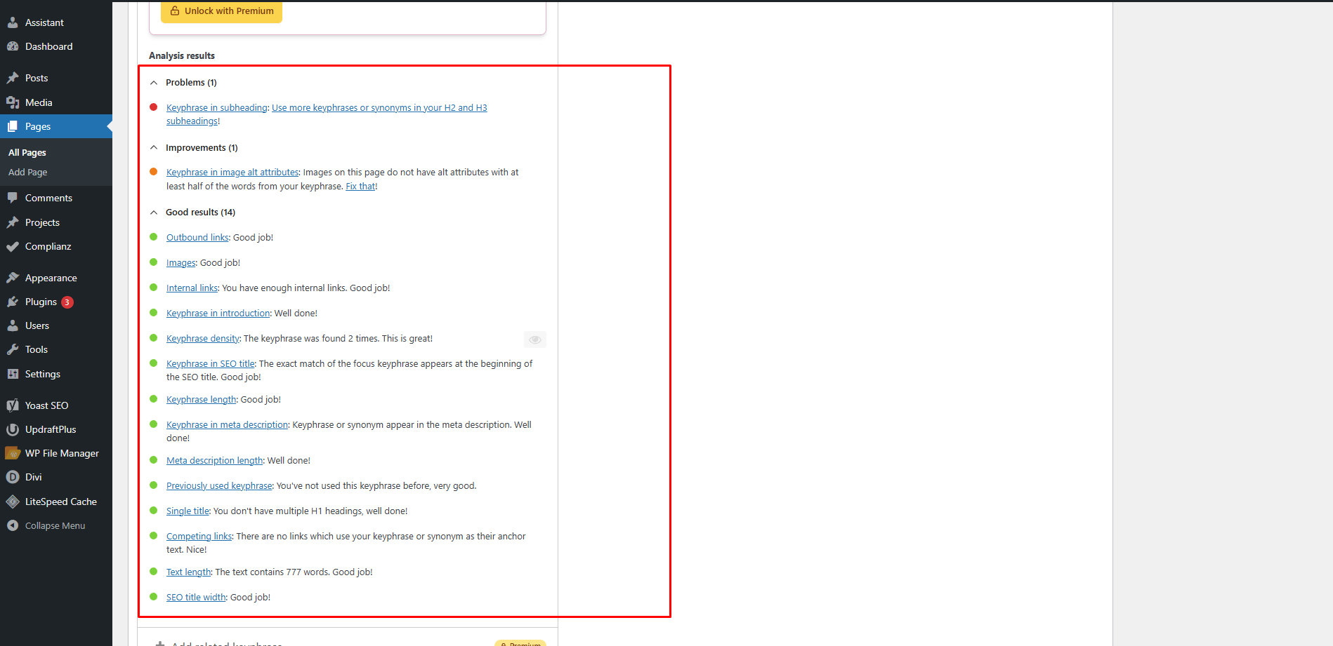 On-page SEO elementi optimizirane spletne strani - analiza rezultatov Yoast SEO vtičnika z označenimi problemi in izboljšavami