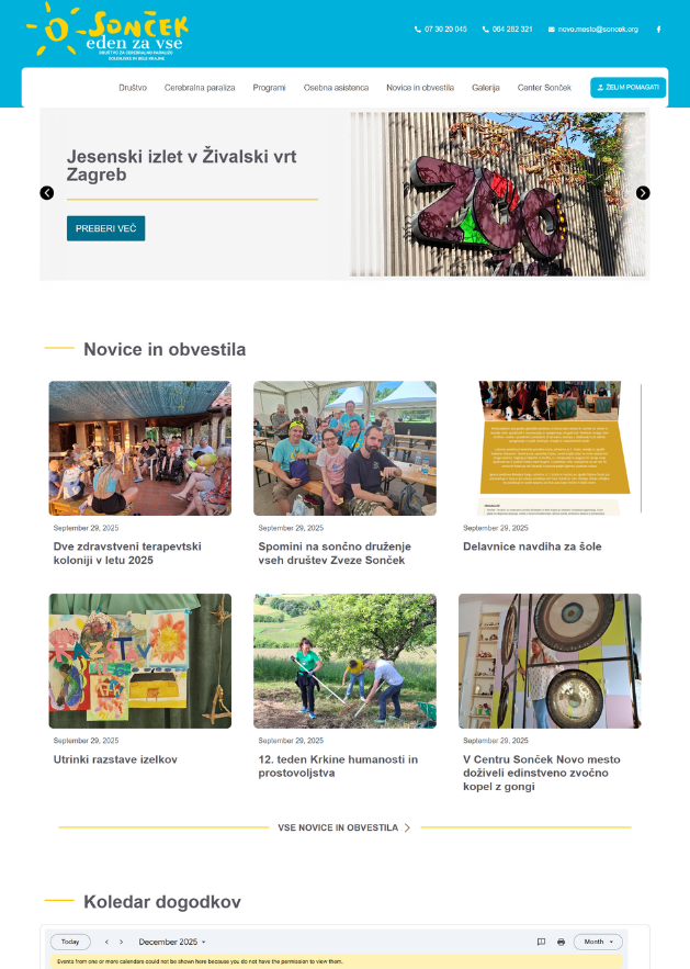 Drustvo-soncek-naslovna-stran Homepage društva z slider sekcijo, aktualnimi novicami in koledarjem dogodkov