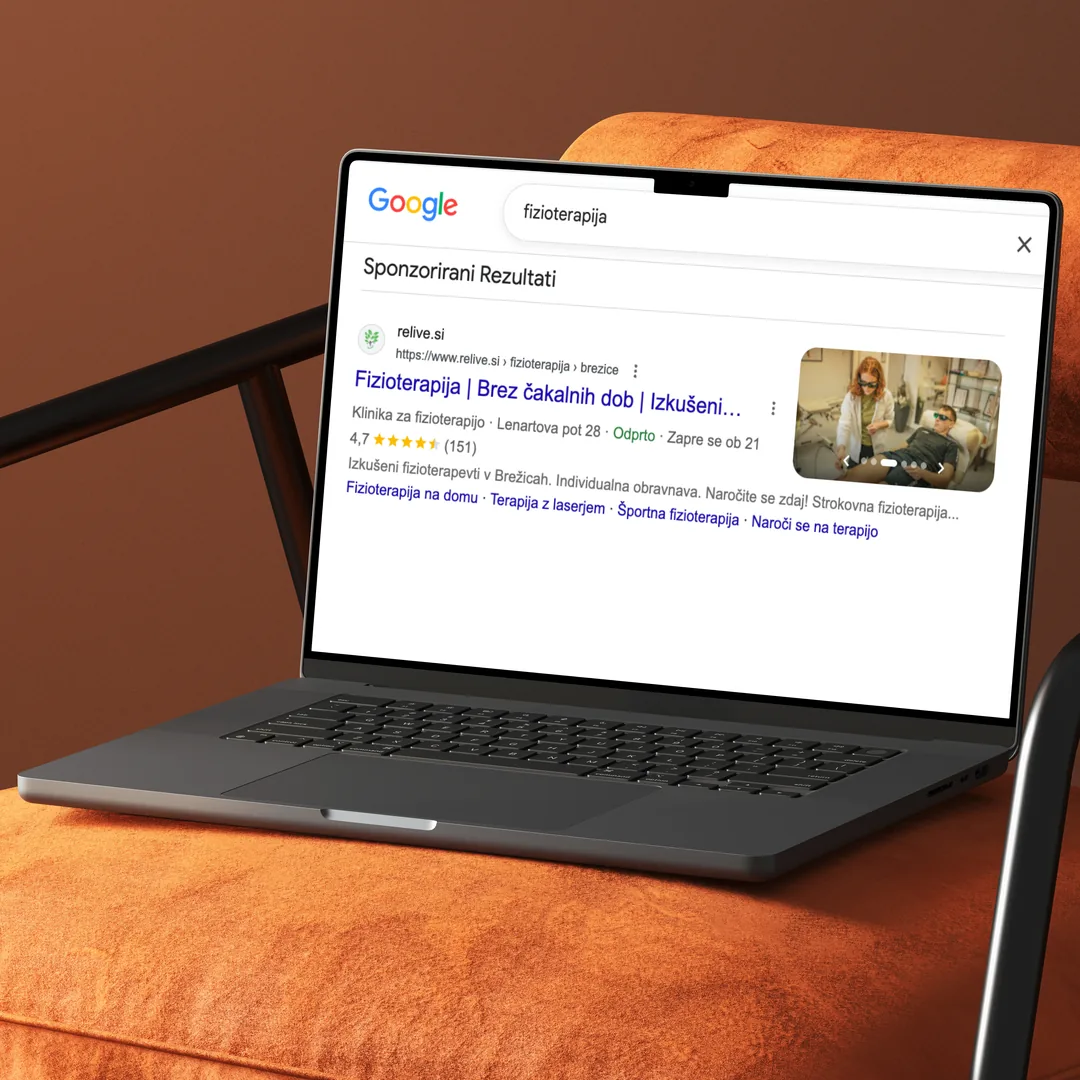 Google Ads oglaševanje: sponzoriran oglas fizioterapevtske klinike Relive na vrhu Googla za iskanje fizioterapija